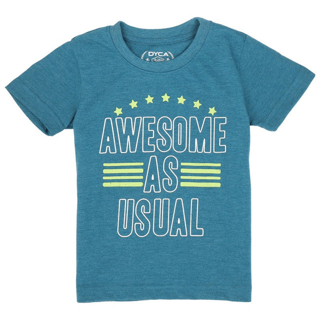 Blue kids t-shirt with 'Awesome As Usual' text and yellow star print, short sleeves, casual wear