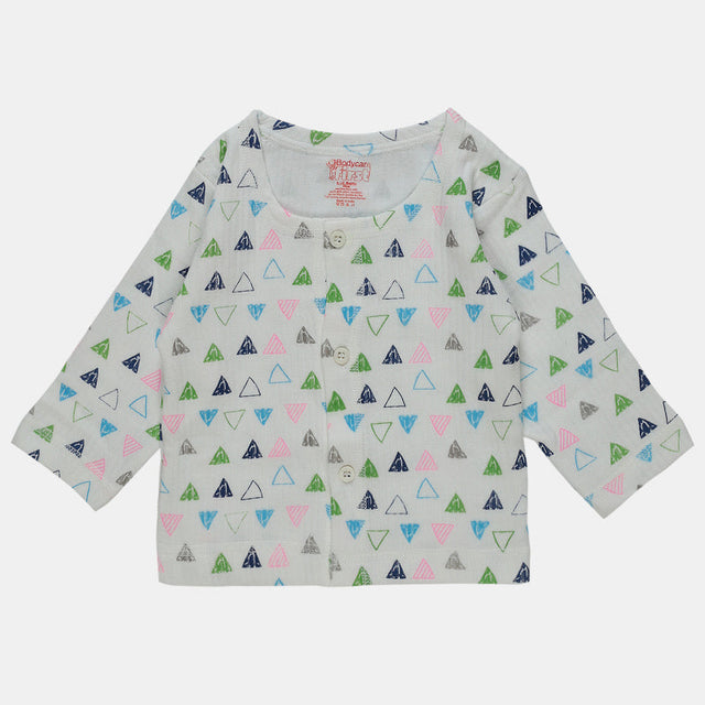 Kids button-down long sleeve innerwear with colorful triangle print on white fabric