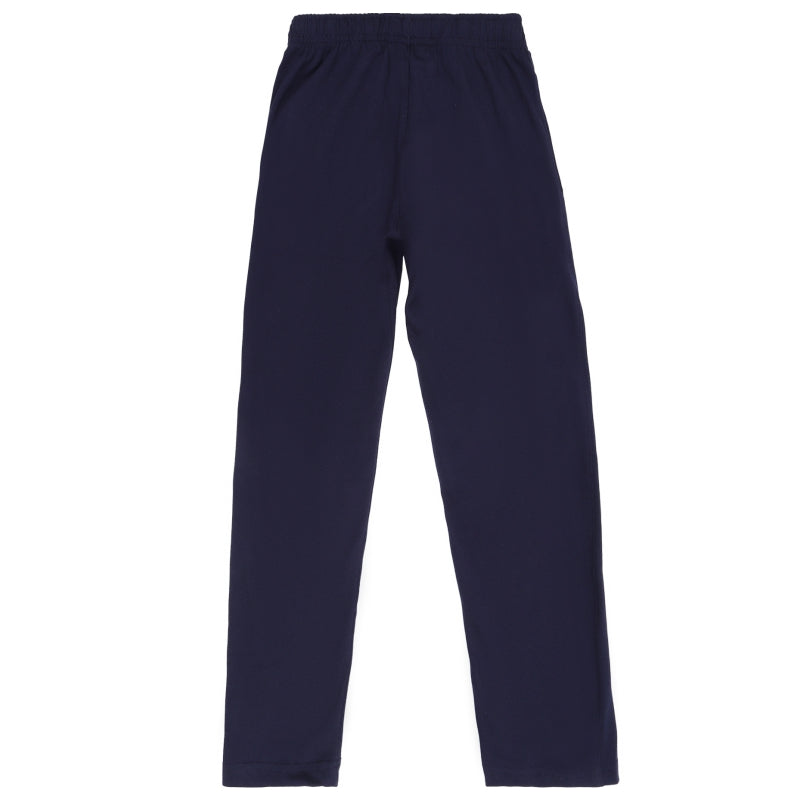 Navy blue kids thermal leggings with elastic waistband, comfortable winter wear.