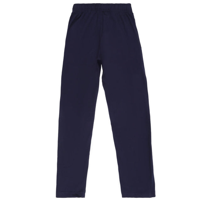 Navy blue kids thermal leggings with elastic waistband, comfortable winter wear.