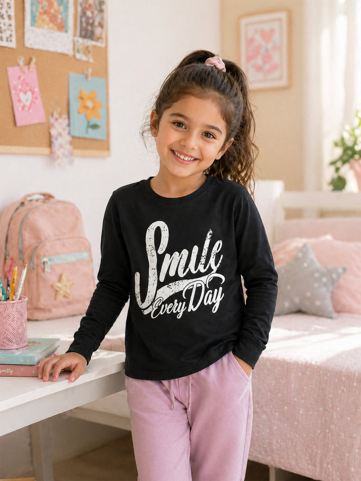 Girls 100% Cotton T-Shirt with Round Neck and Full Sleeves for Comfortable Casual Wear and Regular Use - Pack of 1