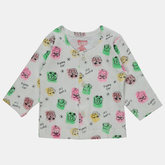 Kids long sleeve white cotton shirt with colorful cartoon car print and front buttons