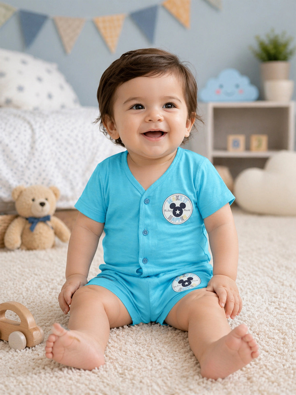 Baby 100% Cotton Front Open Half Sleeves Set for Easy Dressing, Casual Wear and Everyday Comfort Use