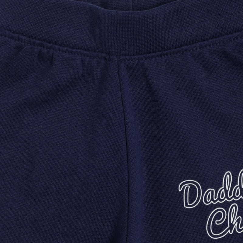 Navy blue kids thermal pants with elastic waistband and 'Daddy's Champ' text detail