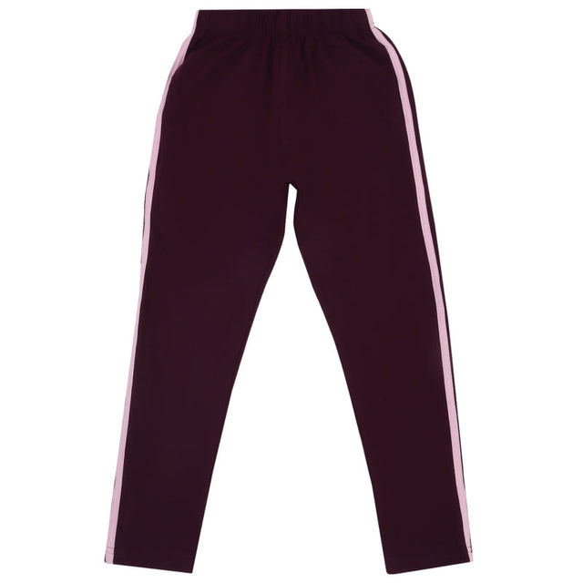 Kids maroon track pants with pink side stripes and elastic waistband, laid flat on white background
