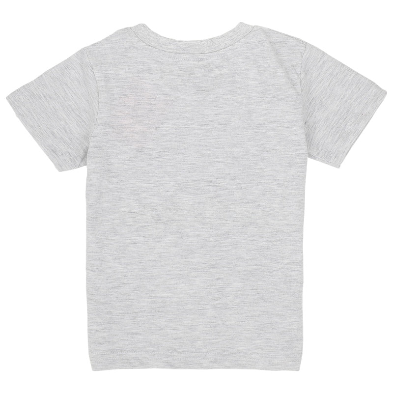 Light grey kids short sleeve innerwear t-shirt, back view, soft cotton blend.