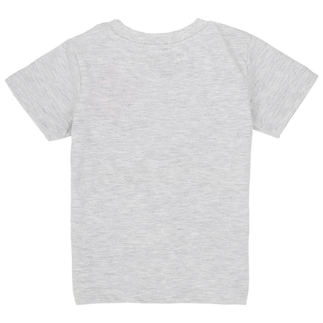 Light grey kids short sleeve innerwear t-shirt, back view, soft cotton blend.