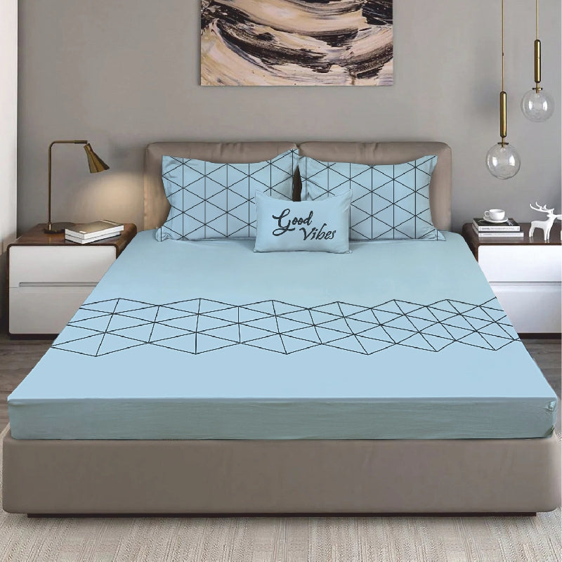 Bodycomfy 100% Cotton Hosiery King Size Fitted Bedsheet – Geometrical Panel Print