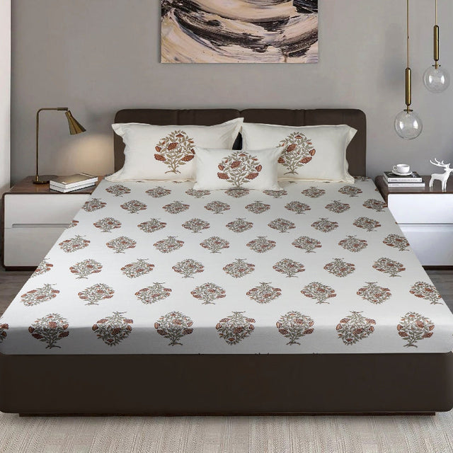 King Size Cotton Bedsheet Floral Handblock Ivory - Bodycare