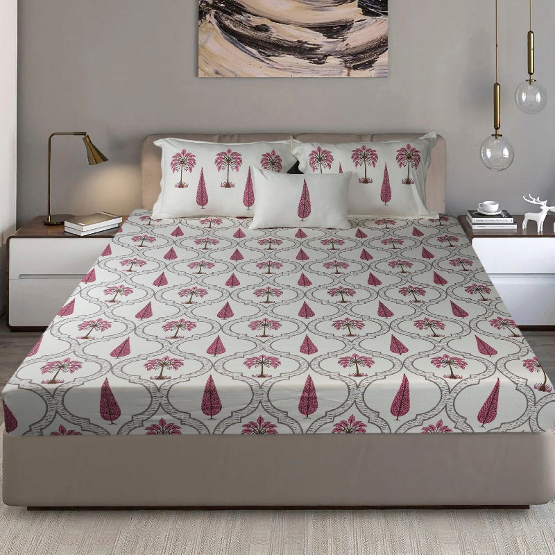 Bodycomfy 100% Cotton Hosiery King Size Fitted Bedsheet – Botanical Palm & Cypress Print