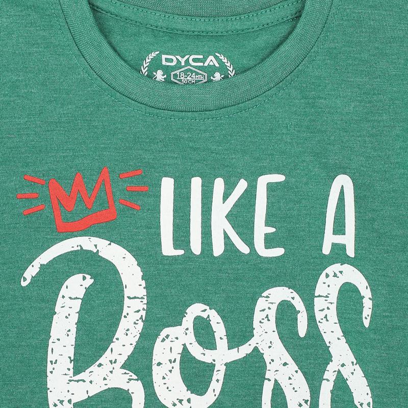 Green kids t-shirt with 'Like a Boss' text and red crown graphic print on front
