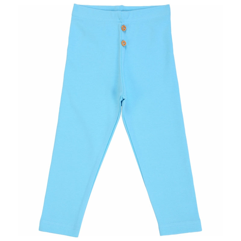 Light blue kids cotton leggings with front button detail, displayed on white background