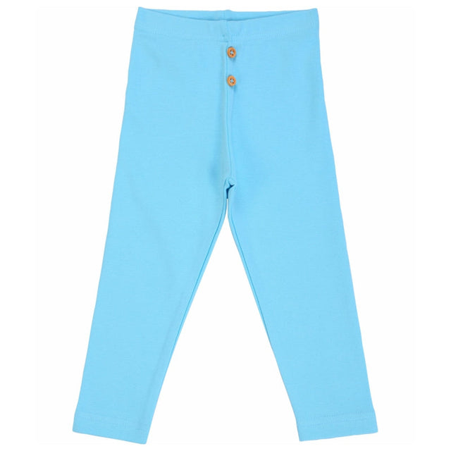 Light blue kids cotton leggings with front button detail, displayed on white background
