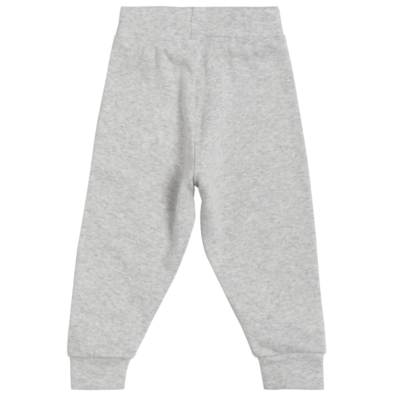 Light grey kids thermal pants with elastic waistband and cuffed ankles, back view