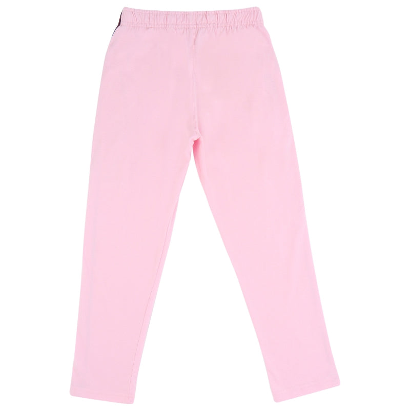 Pink kids thermal leggings with elastic waistband, full length, back view