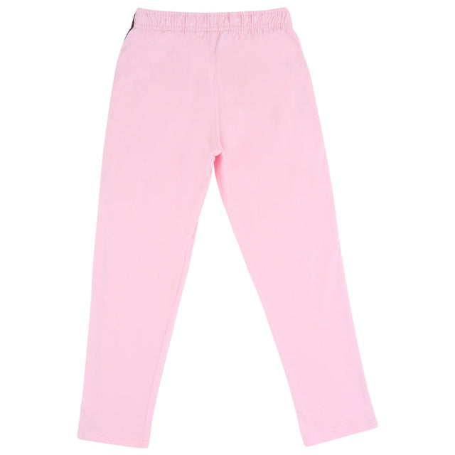 Pink kids thermal leggings with elastic waistband, full length, back view