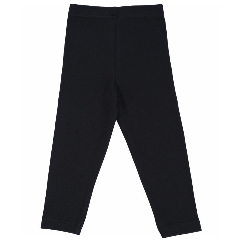 Black kids cotton leggings with elastic waistband, full length, flat lay on white background