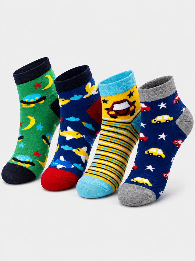 Boys Ankle Length Cotton Socks with Soft Stretchable Comfort, Antibacterial Finish and Moisture Wicking - Pack of 4