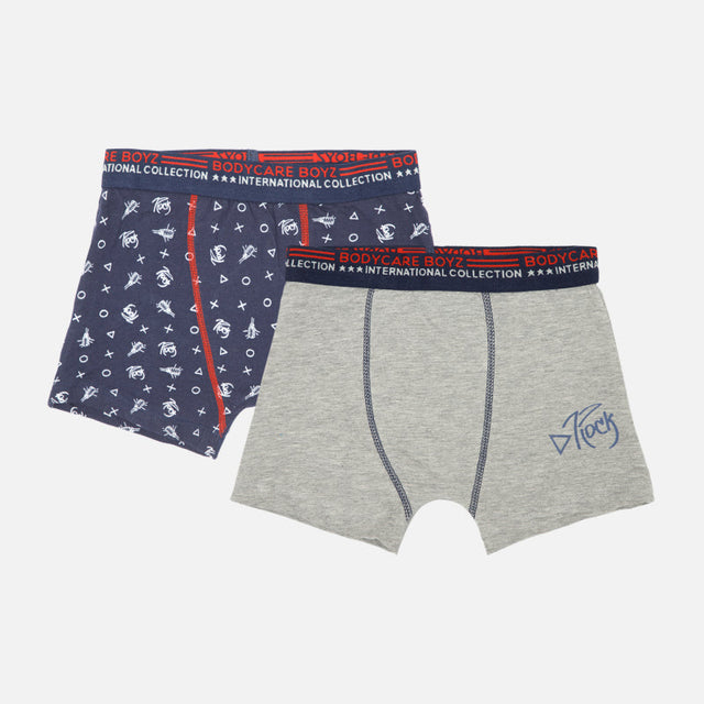 Boys' boxer briefs multipack, one grey and one navy with print, elastic waistband, comfortable fit.