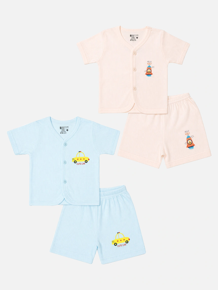 Baby Cotton Rich Front Open Half Sleeves Short Suit Solid Rib