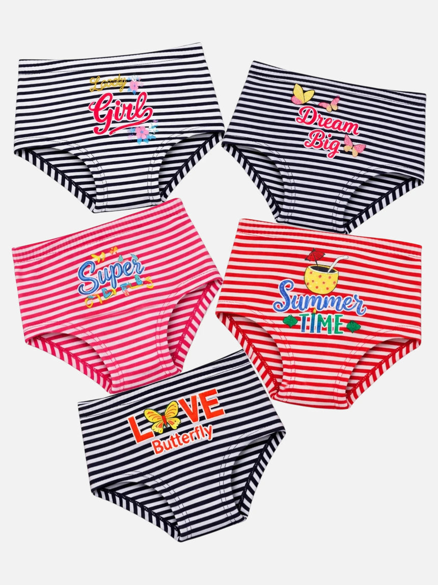 Striped girls' innerwear multipack with colorful prints and positive phrases