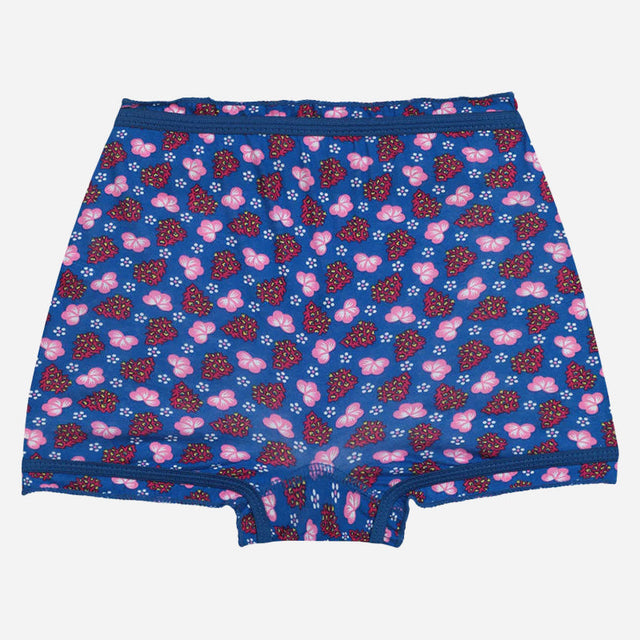 Blue kids innerwear shorts with pink butterfly and flower print, comfortable fit