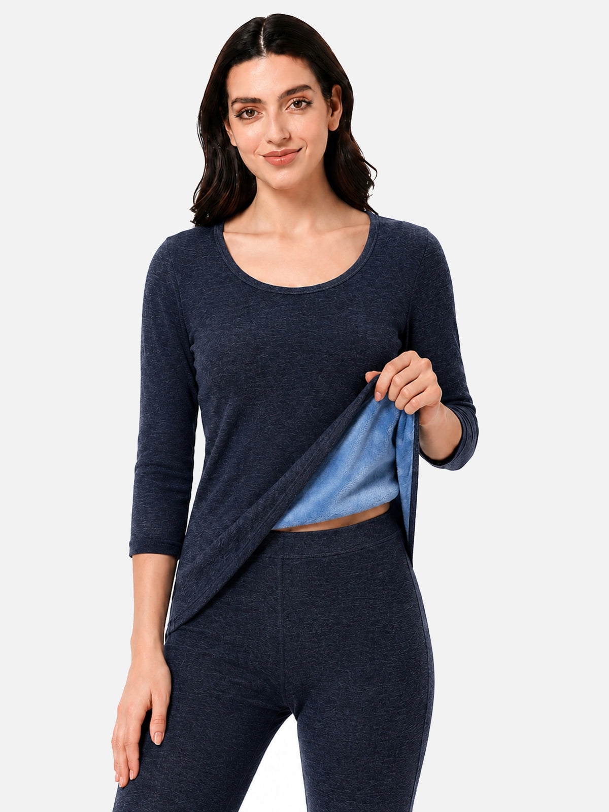 Women Thermal Top with Fur Fleece Inside and Three Quarter Sleeves, High Warmth Winter Innerwear - Pack of 1