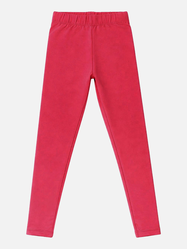 Red full-length kids leggings with elastic waistband on white background