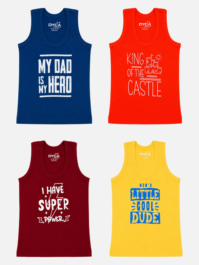 Boys 100% Cotton Printed Round Neck Sleeveless Innerwear Vest for Everyday Comfort and Regular Use - Pack of 4