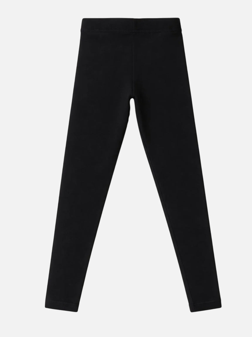Black kids thermal leggings, full length, elastic waistband, plain design, on white background