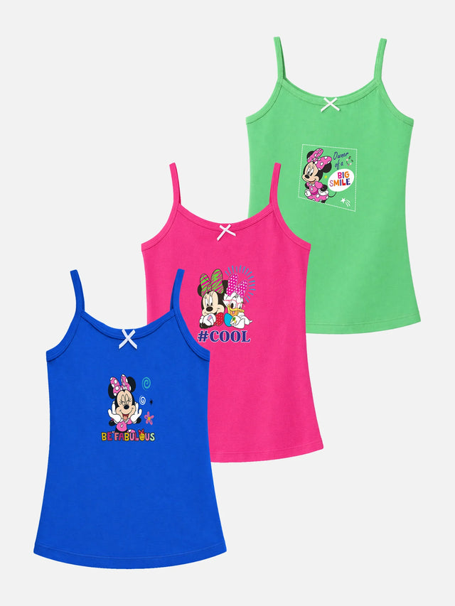 Set of three colorful girls’ camisoles with cartoon prints, in blue, pink, and green.