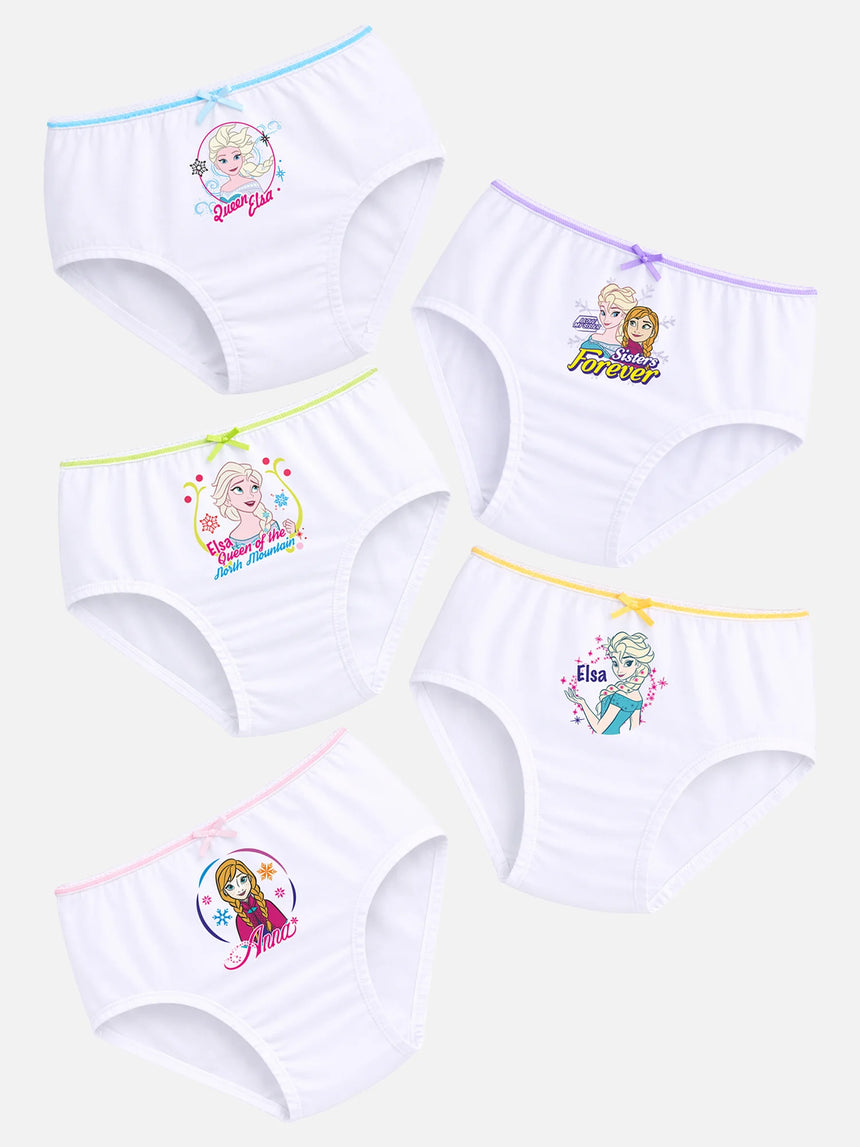 Set of five white girls’ underwear with Frozen character prints and colorful trim on a light background.