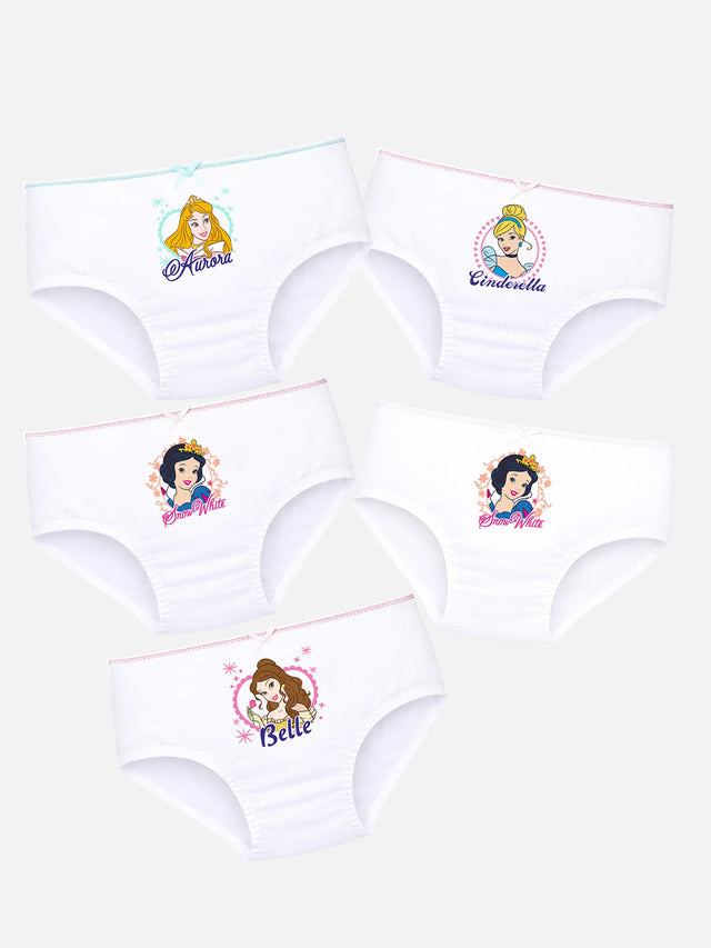 Set of white girls' briefs with colorful princess character prints, soft cotton innerwear