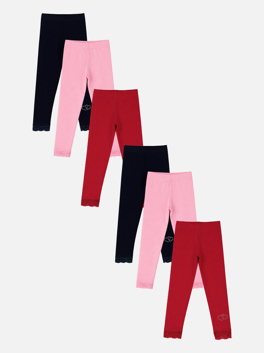 Girls Cotton Spandex Leggings Inner Elastic Stretch Pack of 6