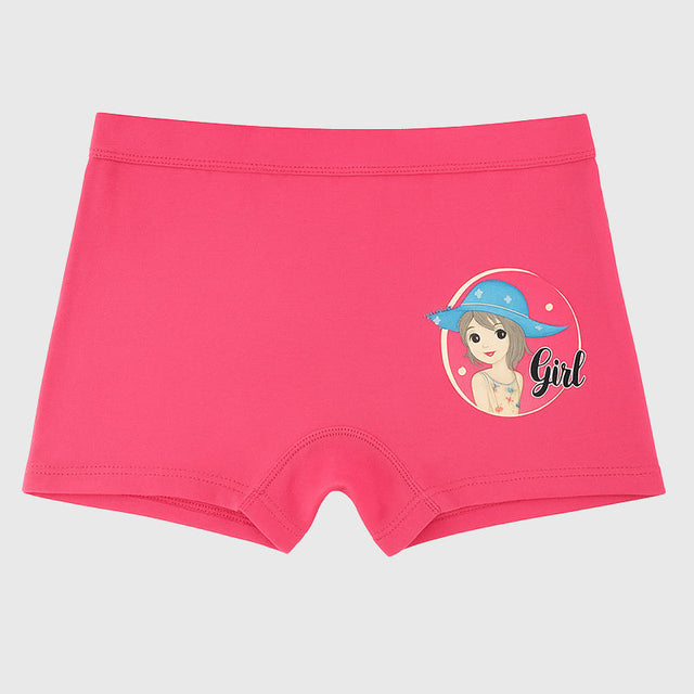 Pink girls' innerwear shorts with cartoon girl print and blue hat design