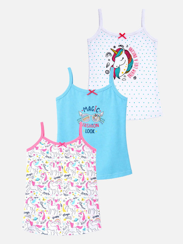 Set of three girls' unicorn print camisoles, colorful and soft innerwear multipack