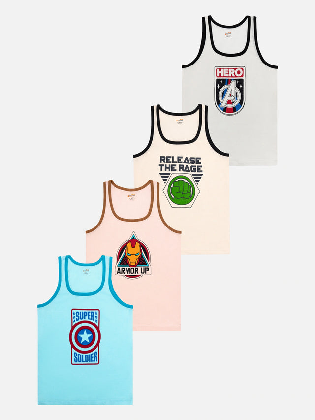Boys 100% Cotton Round Neck Sleeveless Vest with Regular Fit for Everyday Innerwear Comfort - Pack of 4