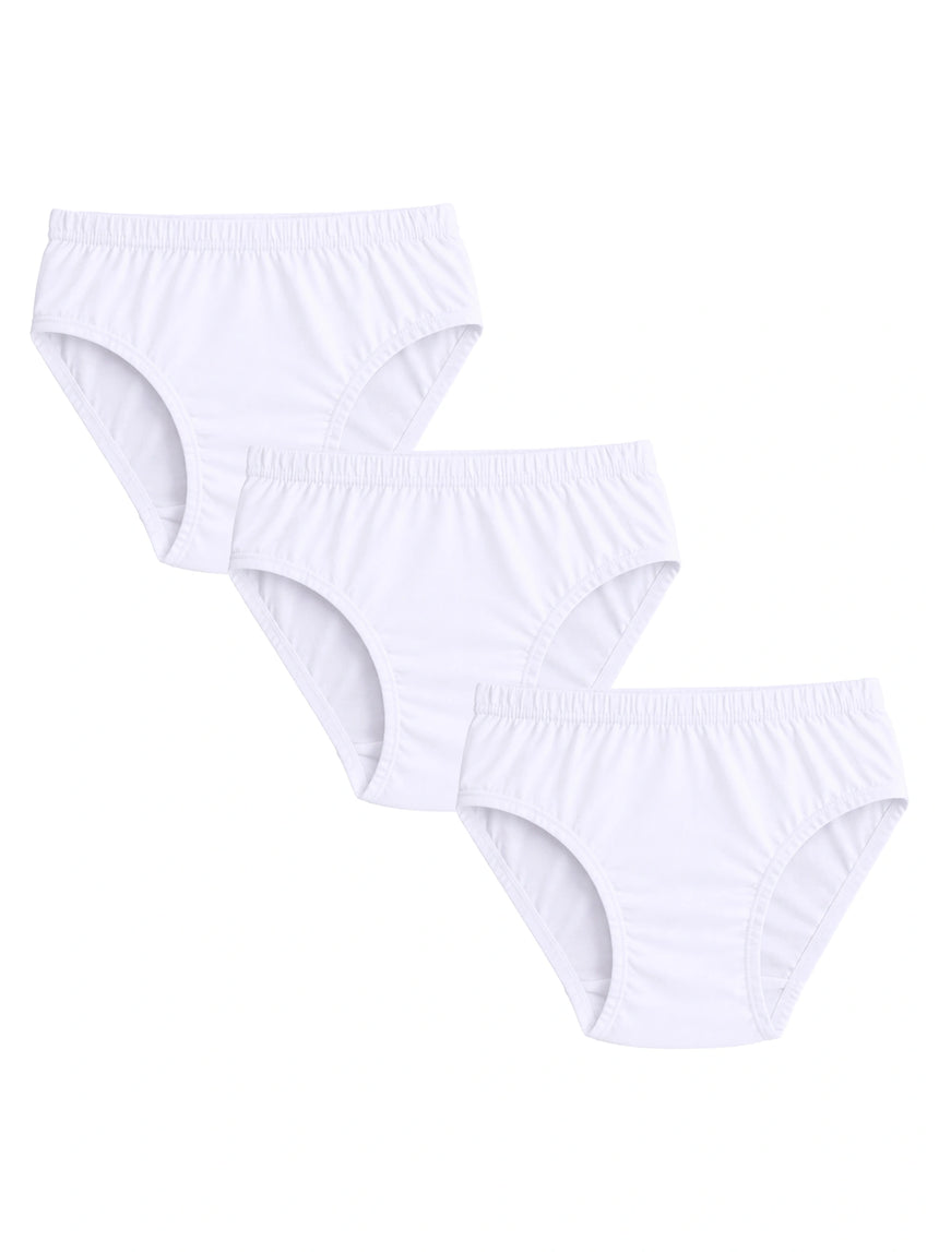 Three pack of white kids cotton briefs with elastic waistband on white background