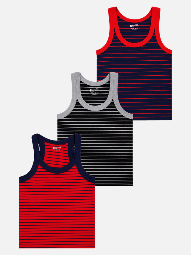 Boys Striped Round Neck Sleeveless Innerwear Vest for Everyday Comfort, Easy Layering and Wardrobe Essentials - Pack of 3