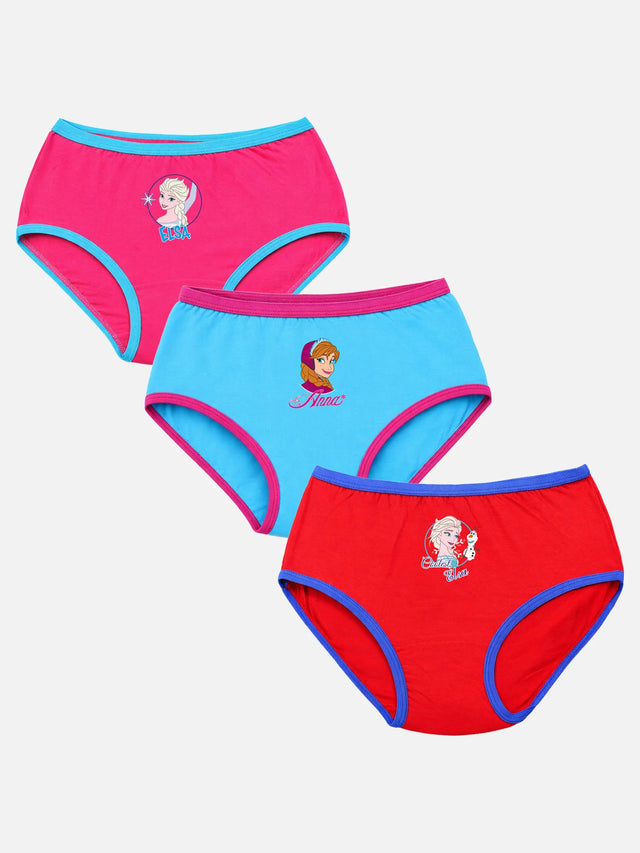 Set of three girls' cotton underwear with Frozen characters in pink, blue, and red colors.