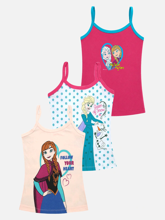 Girls Frozen Printed Vest 100% Cotton Sleeveless Innerwear Camisole for Lightweight Comfort and Daily Use - Pack of 3
