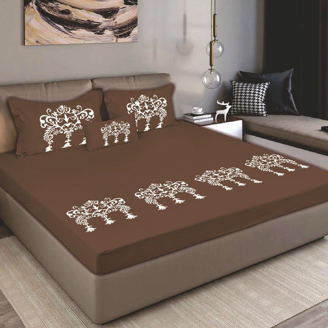 King Size Cotton Bedsheet Brown Ornamental Print - Bodycare