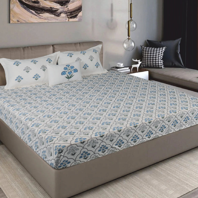King Size Cotton Fitted Bedsheet Handblock Floral - Bodycare