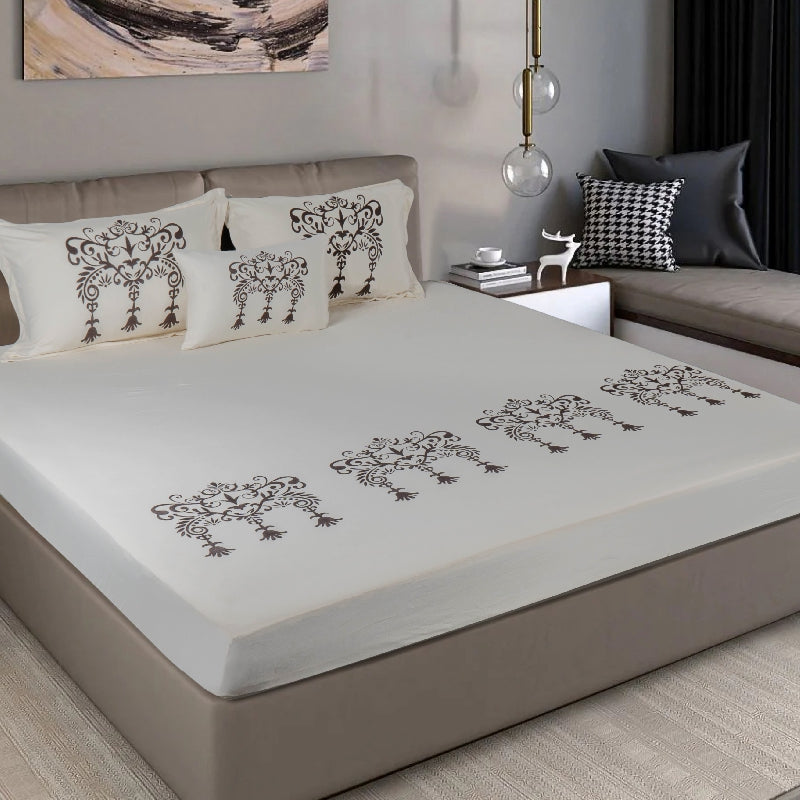 King Size Cotton Bedsheet Brown Ornamental Print - Bodycare