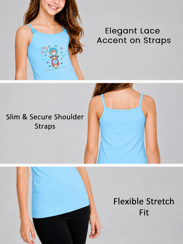 Girls Printed 100% Cotton Vest Camisole, Sleeveless Design and Everyday Innerwear Comfort - Pack of 4