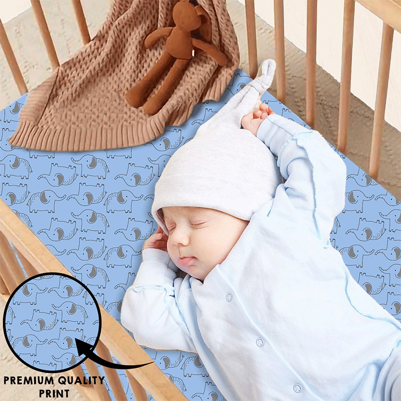 Bodycomfy 100% Cotton Hosiery Fitted Cot Sheet Pack of 2 - Solid Blue and Elephant Print
