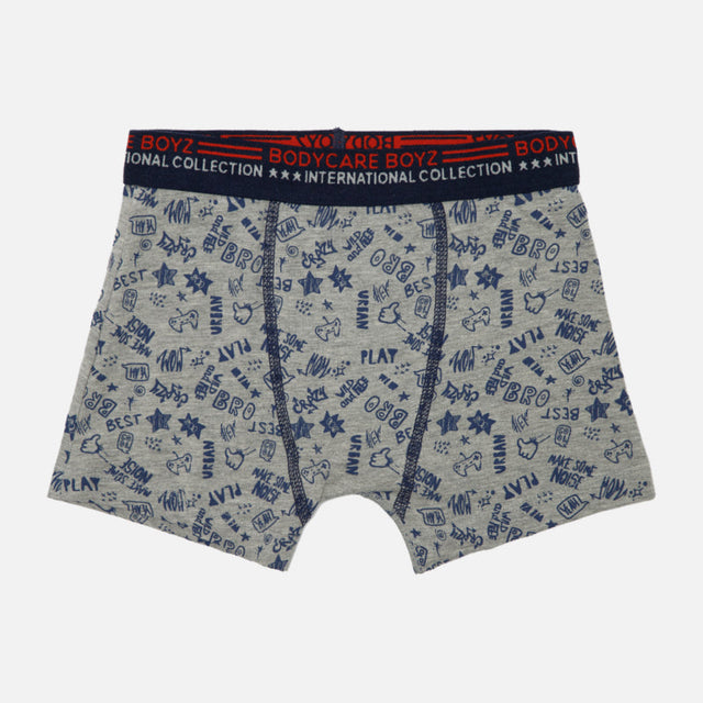 Boys' grey printed boxer briefs with blue doodle patterns and elastic waistband