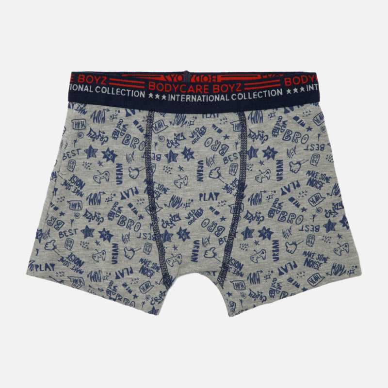 Boys' grey printed boxer briefs with blue doodle patterns and elastic waistband