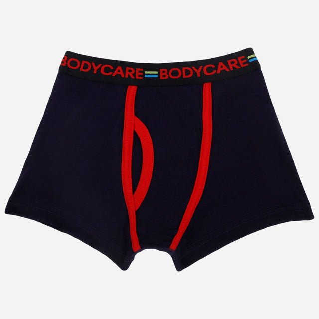 Navy blue boys’ boxer briefs with red trim and logo waistband, kids innerwear