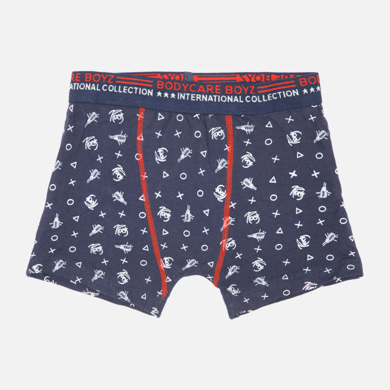 Navy blue boys' boxer briefs with white graphic print, red waistband, and contrast stitching